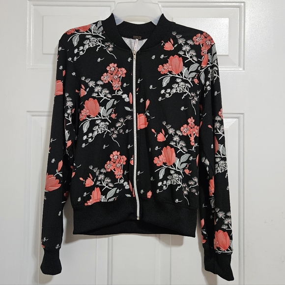 Poof! Juniors Floral Bomber Jacket Size L - Picture 2 of 5
